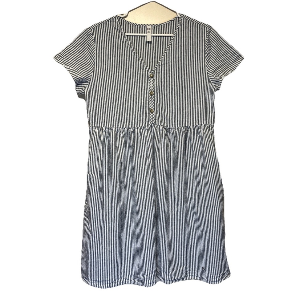 FIG Morah Linen Dress Women's Small Blue White Stripe Beach Vacation Resortwear